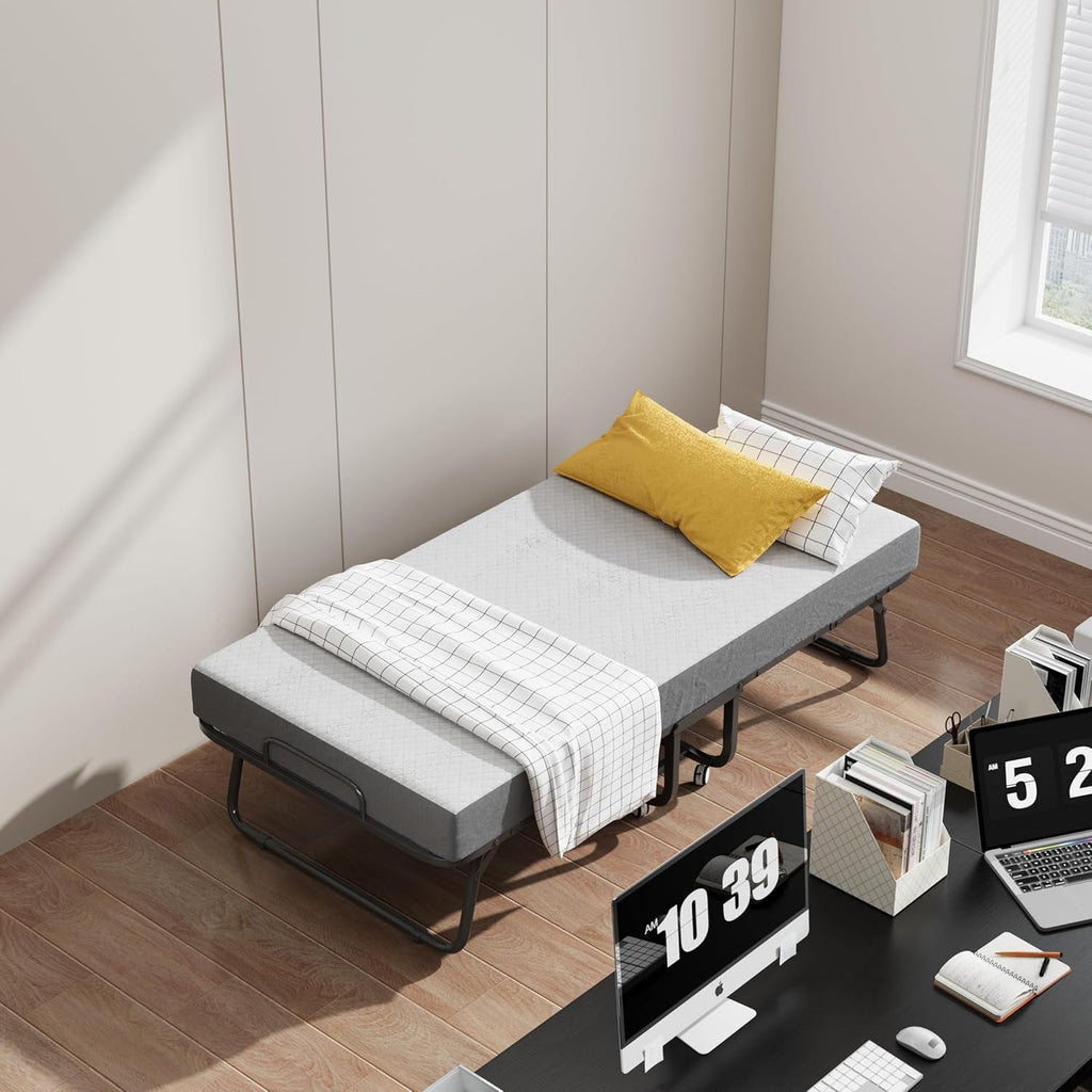 CAIYUN Lit Pliant 1 Personne 100 x 190 cm Lit Pliable Adulte avec Matelas en Mousse de 13 cm, Lit d'Appoint Pliable à 4 roulettes et Sommier à Lattes en Métal pour Invités, Charge 200 kg, Noir