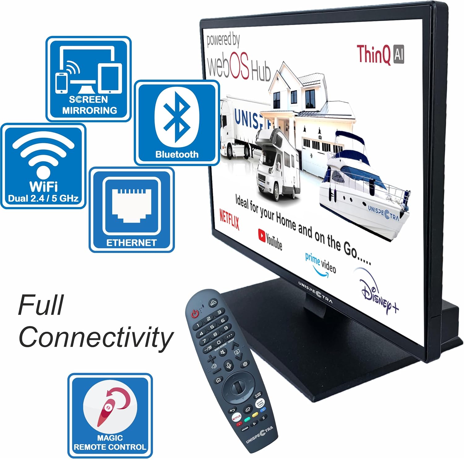 Unispectra WebOS Smart TV 22" 12 V ELED Full HD 240 V TV Freeview & SAT Tuner 3 x HDMI, 2 x USB, Magic Remote. Téléviseurs pour camping-cars, caravanes, camions et camionnettes
