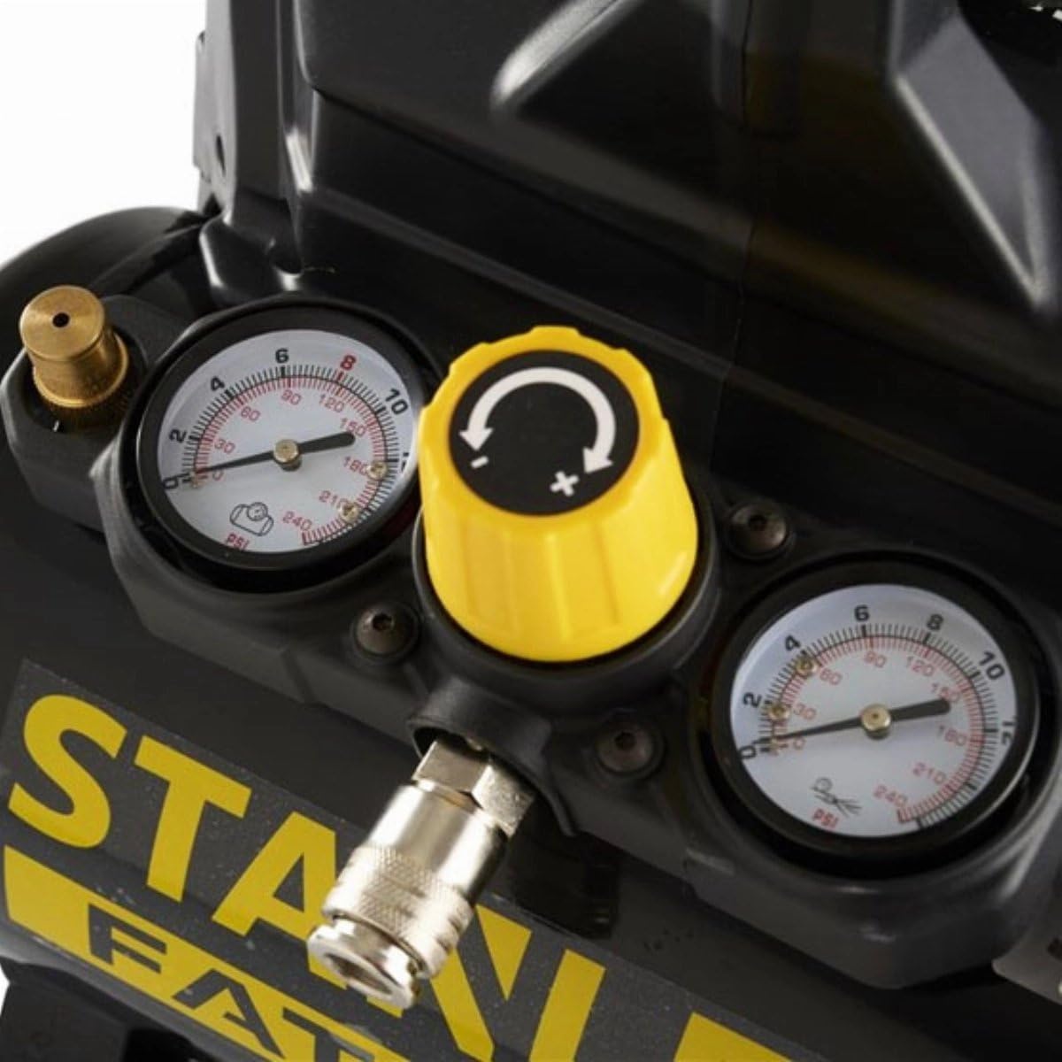Stanley Compresseur FATMAX DST 101/8/6 FMXCM00 - Compresseur d'air portable et pour voiture 8 bars - 6 L - 105 l/min - Sans huile - Silencieux - IP43-1450 tr/min - Noir/Jaune