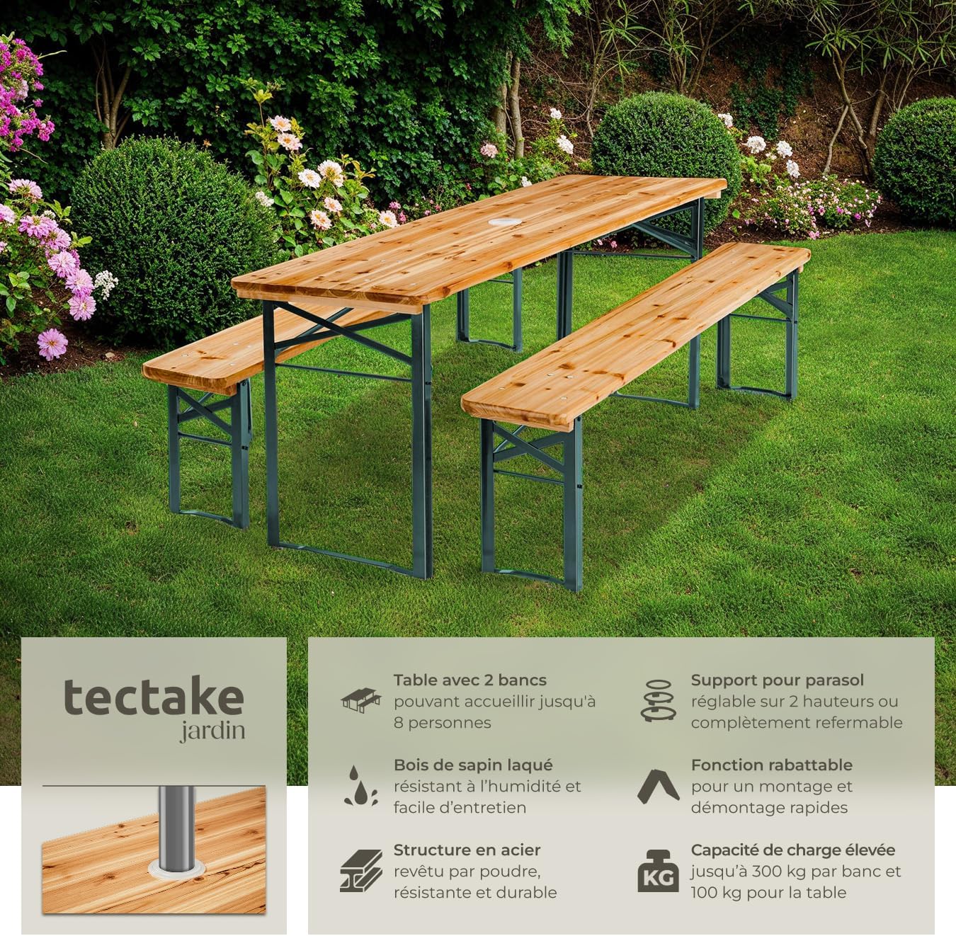 tectake® Ensemble de Table extérieure et Banc en Bois de Brasserie 3 pcs. Salon de Jardin Pliable & Peu encombrant, avec Support Parasol, Mobilier Solide pour Pique Nique Réceptions Barbecue Mariage