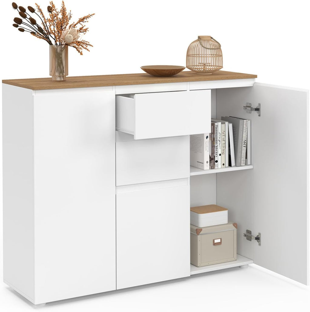 IDMarket - Buffet 100 cm Toby 3 Portes 2 tiroirs Blanc et Plateau Bois