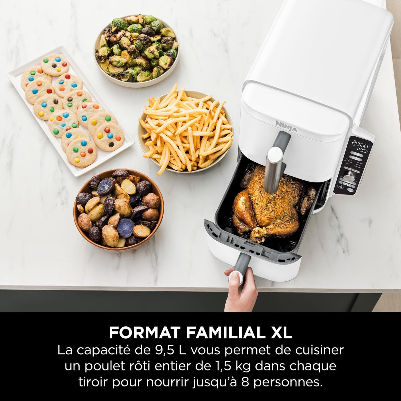 NINJA Double Stack XL Air Fryer, Friteuse sans huile Verticale Double Tiroir 4 Niveaux de Cuisson, 2 Tiroirs, 2 Grilles, Capacité de 9,5 L, 6 Fonctions, 8 Portions, Pinces, Blanc SL400EUWH