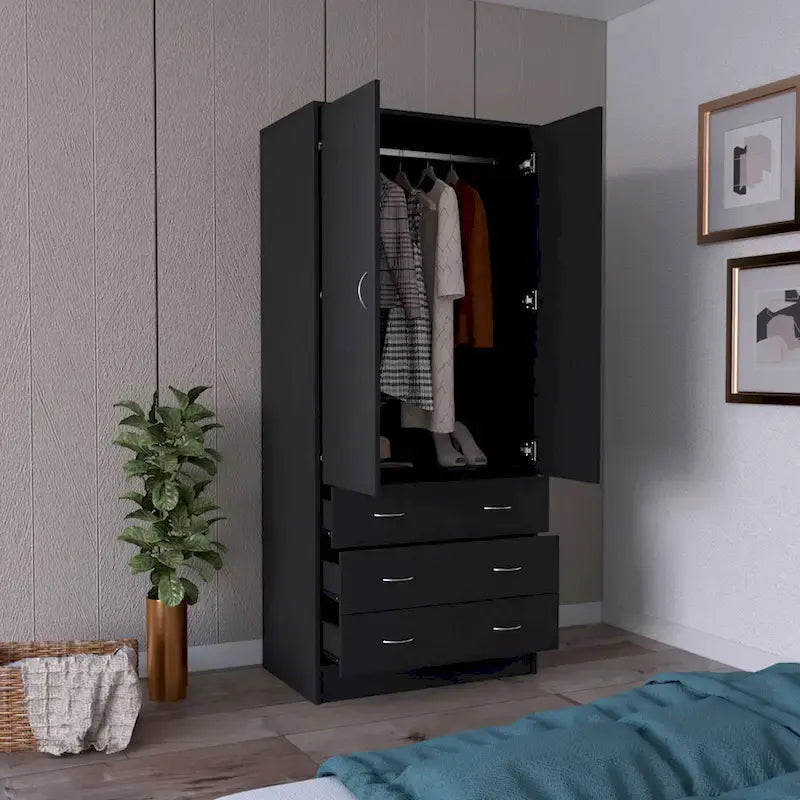 19  Modern Double-door Armoire with 3 Drawers and 1 Hanging Rod for Bedroom