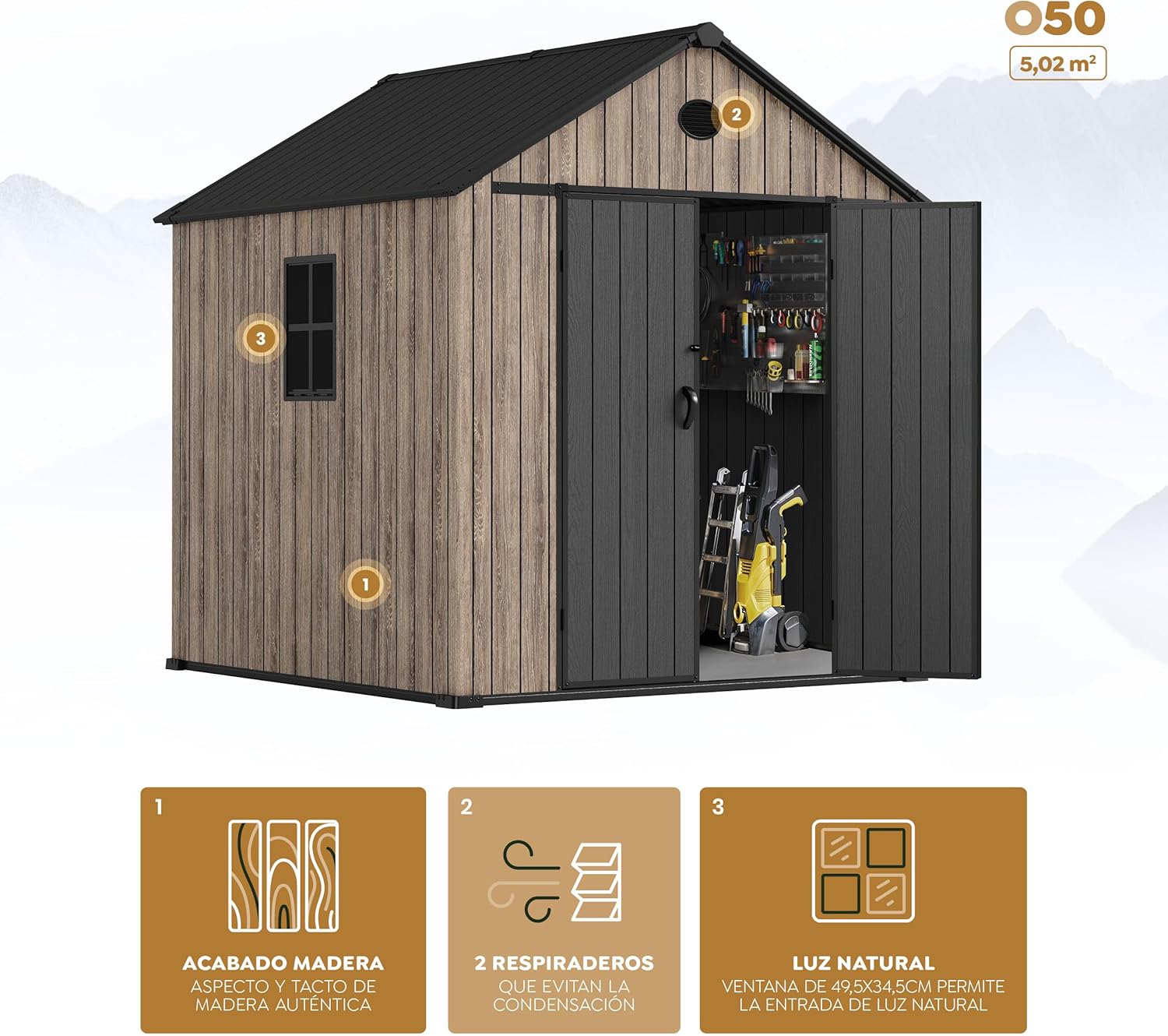 Hoggar Abri de jardin en résine 5,02 m² Oak O50 - Sol inclus - Fenêtre latérale - Aspect bois premium - Double porte large - Protection UV et imperméable - Fermeture par goupille - aérations