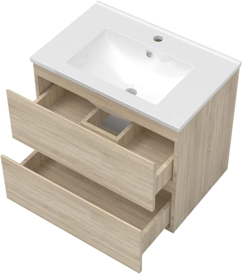 AICA Ensemble Meubles Salle de Bain 80cm Vasque + Colonne + Miroir Rond Lumineux Chêne Wotan