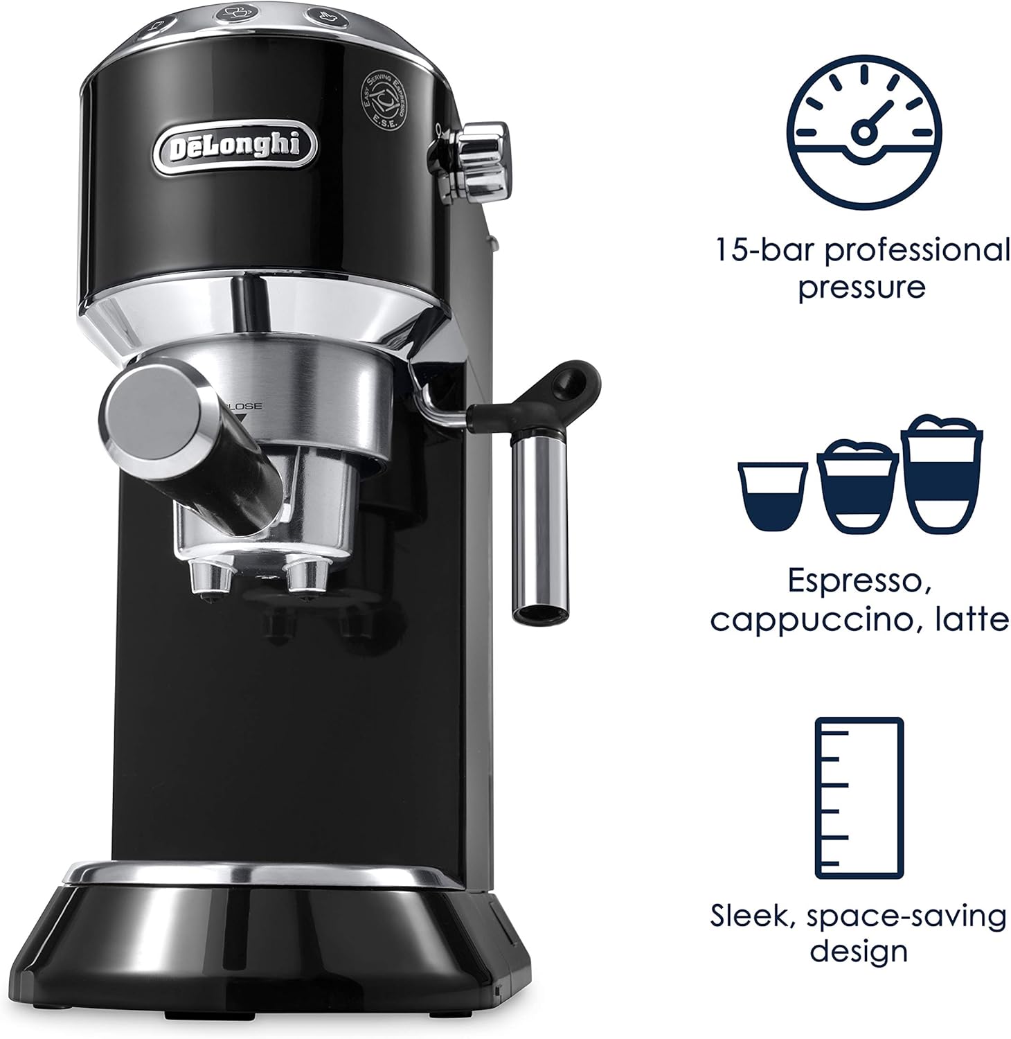 De'Longhi Dedica Espresso Machine, Coffee and Cappucino Maker with Milk Frother, Metal / Stainless, Compact Design 6 in Wide, Fit Mug Up to 5 in, EC680M