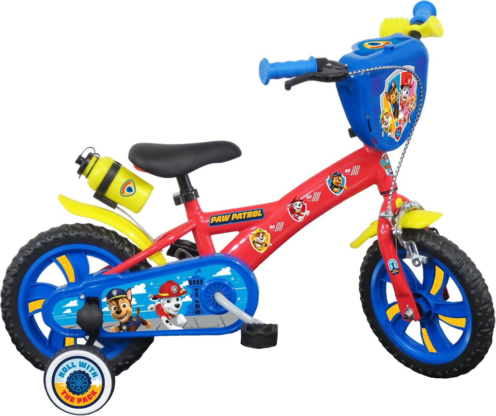 Vélo 12'' Pat Patrouille équipé de 1 Frein, Plaque Avant décorative, Garde boues, Carter et stabilisateurs.