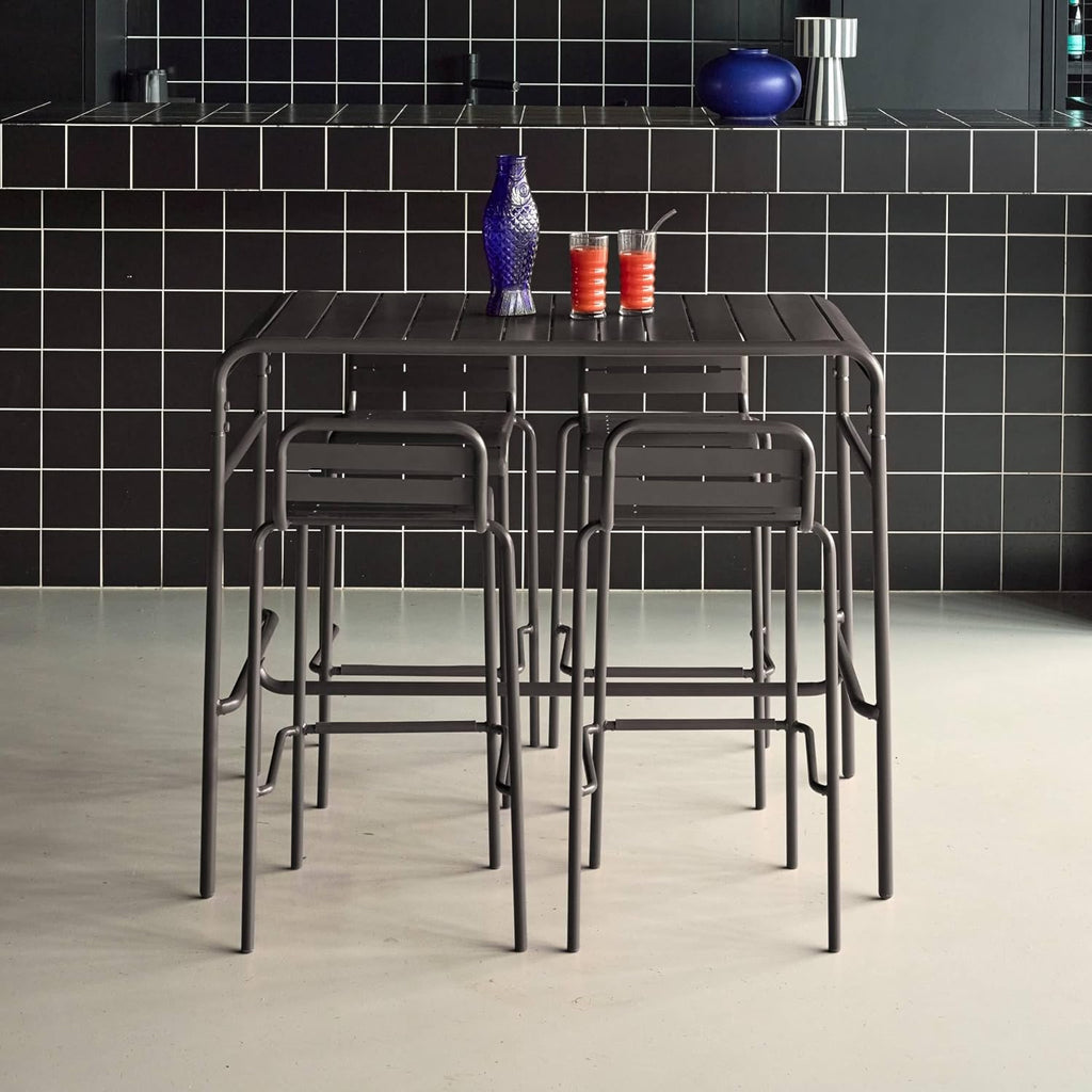 sweeek - Table Haute de Jardin Acier + 4 assises Amelia Anthracite. 4 chaises Hautes en Acier. 120 x 70cm x 95cm