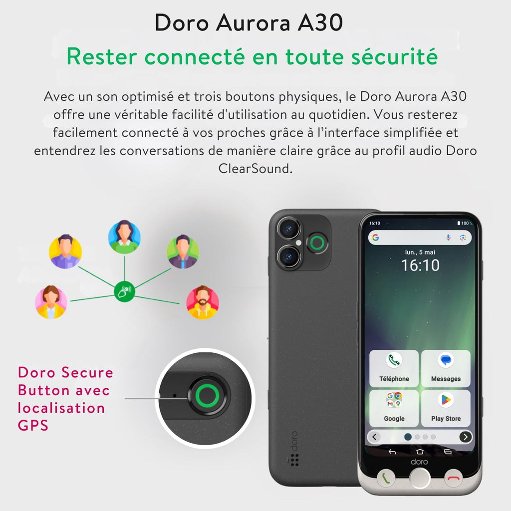Doro - Téléphone Aurora A30 - Téléphone Portable Senior - Facile à Utiliser - Touche d'Assistance avec Localisation GPS - Compatible Appareils Auditifs - Câble USB Inclus - Graphite