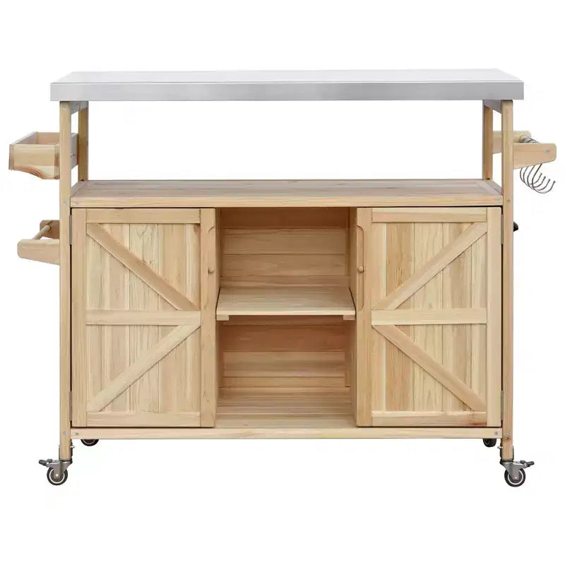 Okak Outdoor Kitchen Island with Stainless Steel Top, Wooden Kitchen Cart with Doors, Shelves and Spice Rack, Rolling Kitchen Island