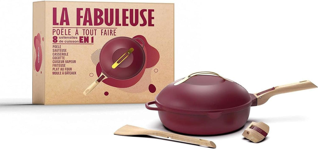 COOKUT - La Fabuleuse poêle 8 en 1 - "PETIT MODELE 24 cm" – Un seul ustensile qui remplace poêle, casserole, sauteuse - 2 poignées amovibles, panier vapeur/friture, spatule en bois - RUBIS