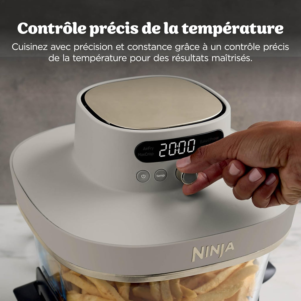 Ninja CRISPi PRO XL, Friteuse sans huile en verre, 5 modes de cuisson prédéfinis, avec contenants en verre CleanCrisp de 5,7 l et 2,3 l, couvercles de rangement, Stone/Or AS090EUSD