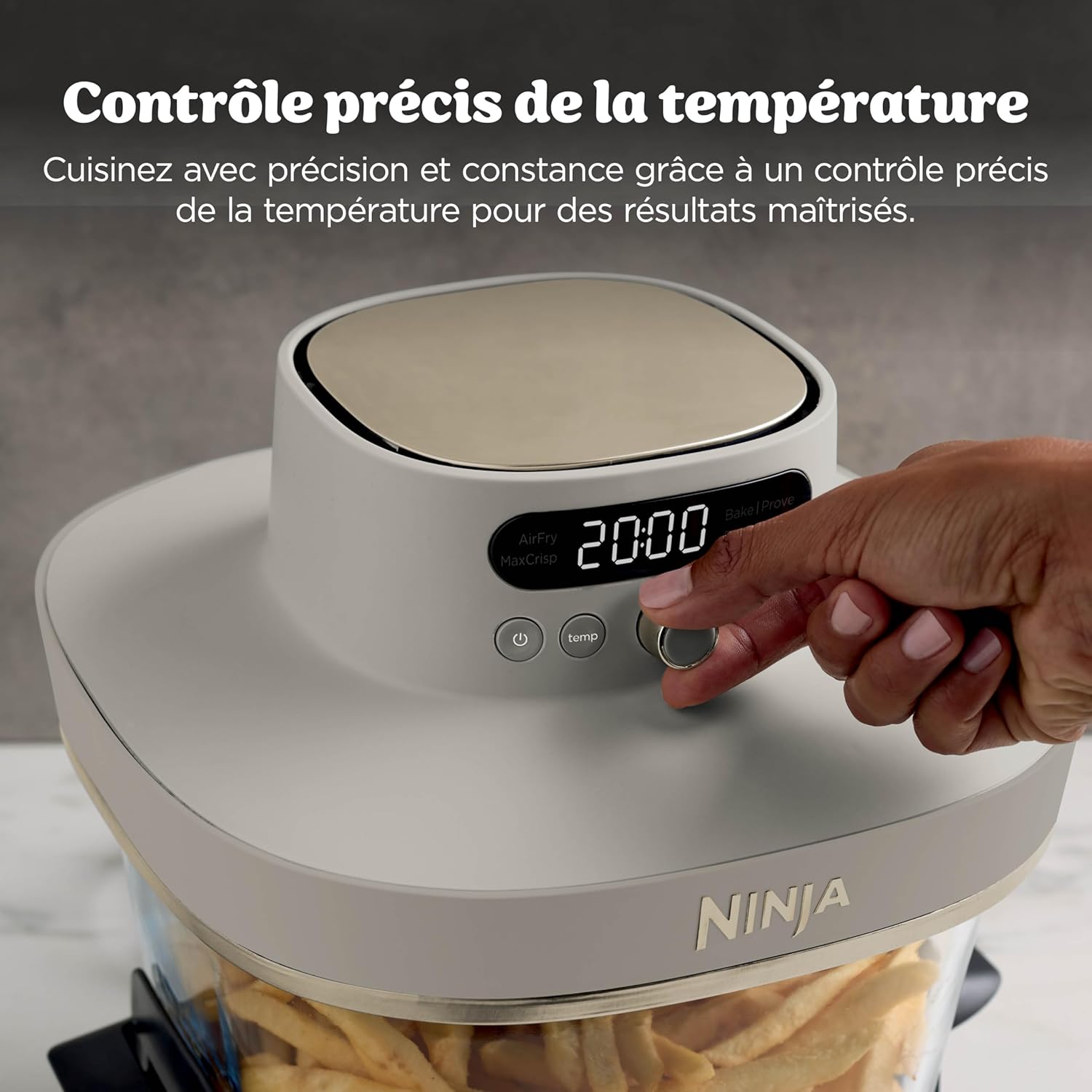 Ninja CRISPi PRO XL, Friteuse sans huile en verre, 5 modes de cuisson prédéfinis, avec contenants en verre CleanCrisp de 5,7 l et 2,3 l, couvercles de rangement, Stone/Or AS090EUSD