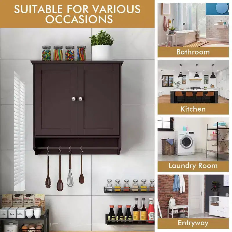 Armoire de salle de bain murale Costway avec barre porte-serviettes marron/gris