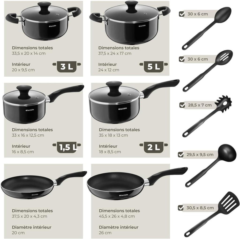 tectake® Set de cuisine 45 pièces, Service de table 6 personnes et Batterie de cuisine, Poêles, Casseroles, Assiettes plates, Assiettes creuses, Bols, Tasses, Louche, Spatule, Vaisselle en grès