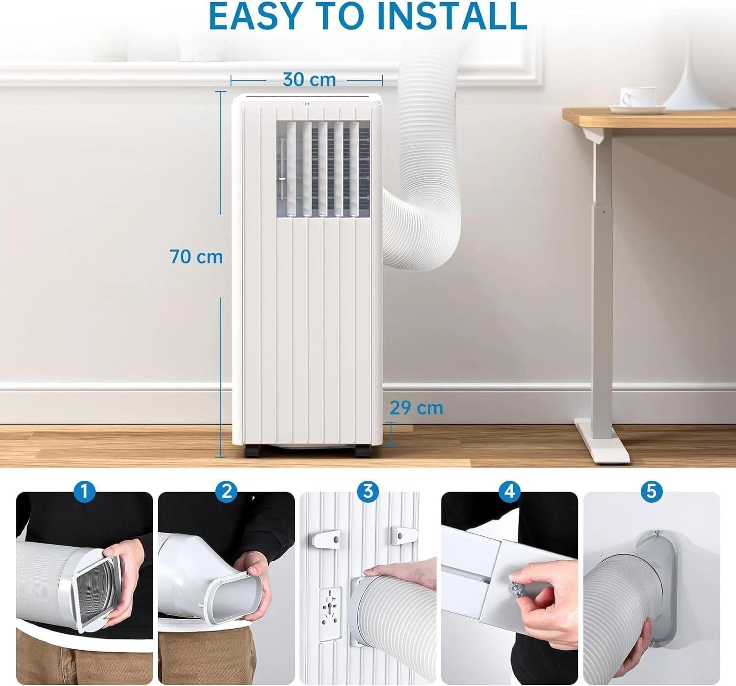 Climatiseur Mobile 7000 BTU 2,05 kW, 3-en-1 : Froid, Déshumidificateur 36L/jour, Ventilateur, Mode Nuit, Minuterie 24h, Télécommande, pour Pièces jusqu'à 28m², Kit d'évacuation pour fenêtre inclus