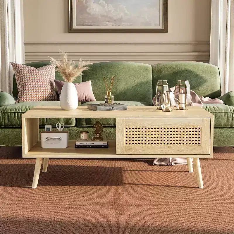 39.4 Table basse bohème en rotin, table de salon moderne en bois avec porte coulissante et étagère de rangement ouverte, patins antidérapants