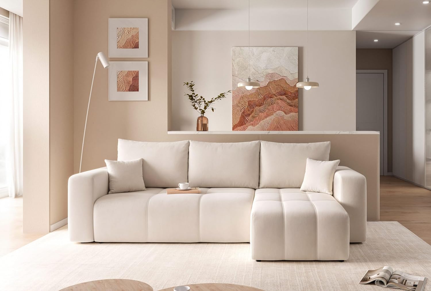Canapé d'angle Convertible 145x248 à Gauche ou à Droite - Canapé 3 Places Convertible Beige avec Espace de Rangement