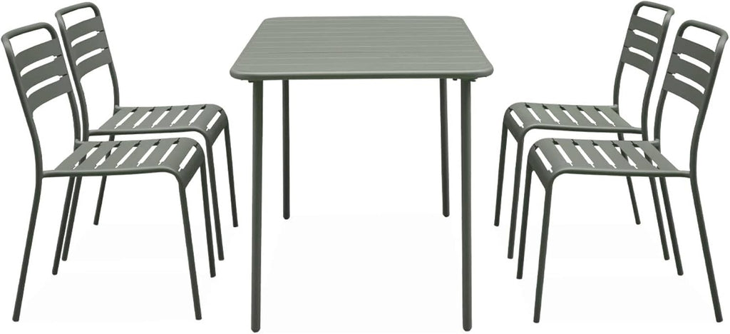 sweeek - Table de Jardin métal + 4 assises Anthracite en Kaki. Amelia. 120x70xH72.5cm