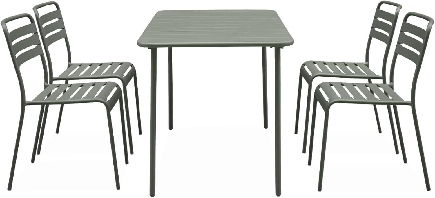 sweeek - Table de Jardin métal + 4 assises Anthracite en Kaki. Amelia. 120x70xH72.5cm