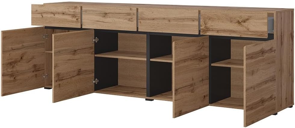 Buffet XL couleur chêne et noir 225 cm, collection Havana. Buffet moderne avec 4 portes et 4 tiroirs.