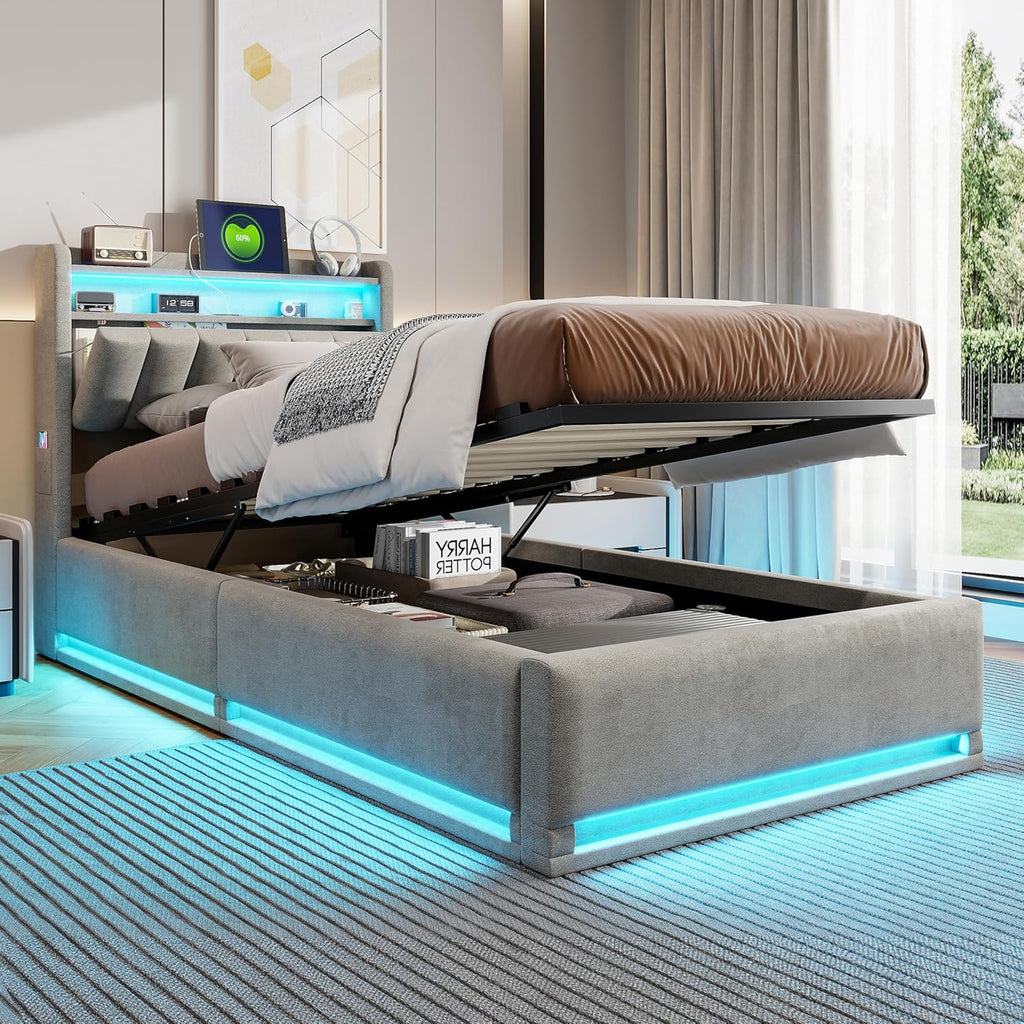 Lit Coffre 90x200 cm avec LED et Ports USB,Tête de Lits avec Rangement,Lit Double avec Sommier à Lattes, Facile à Assembler,pour Adultes et Adolescents,Velours (Gris, 90x200 cm)
