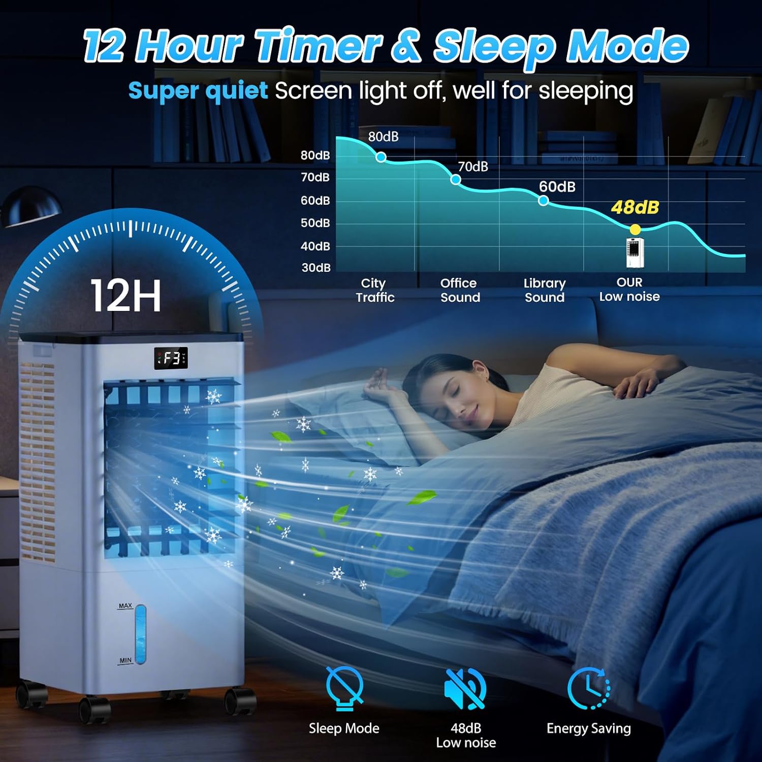 Climatiseur Mobile Silencieux, 8L Refroidisseur d'air 3 IN 1 Climatiseur Portable Ventilateur Humidificateur, 12H Minuterie, 3 Vitesses, Télécommande, Économie d'énergie pour Chambre Maison Bureau