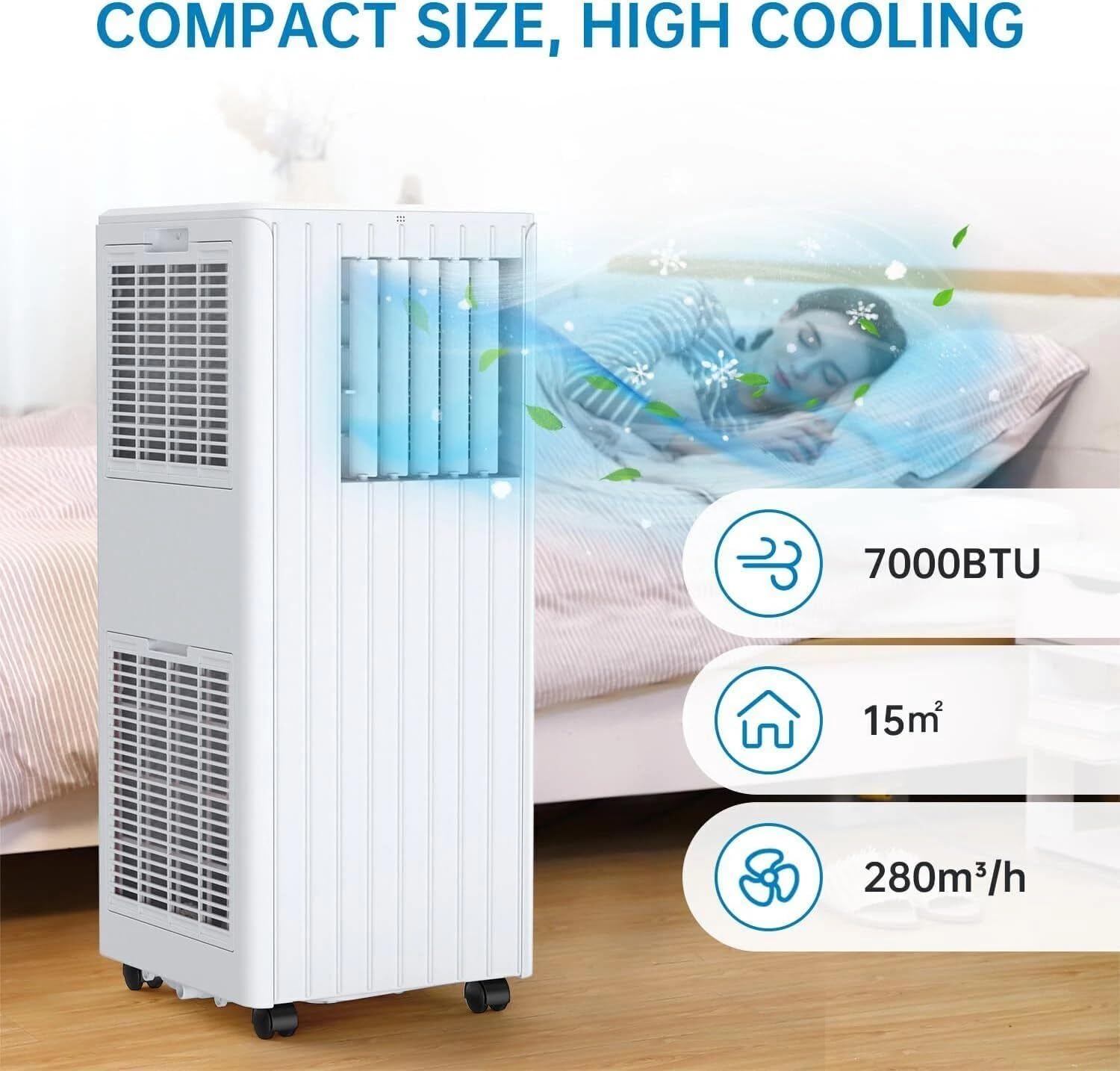Climatiseur Mobile 7000 BTU 2,05 kW, 3-en-1 : Froid, Déshumidificateur 36L/jour, Ventilateur, Mode Nuit, Minuterie 24h, Télécommande, pour Pièces jusqu'à 28m², Kit d'évacuation pour fenêtre inclus