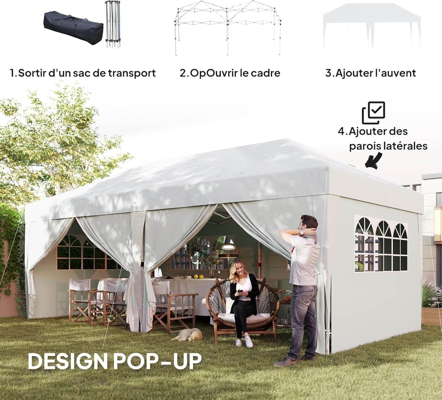 Outsunny tonnelle pliante 3x6m blanche, 6 parois, camping/festival