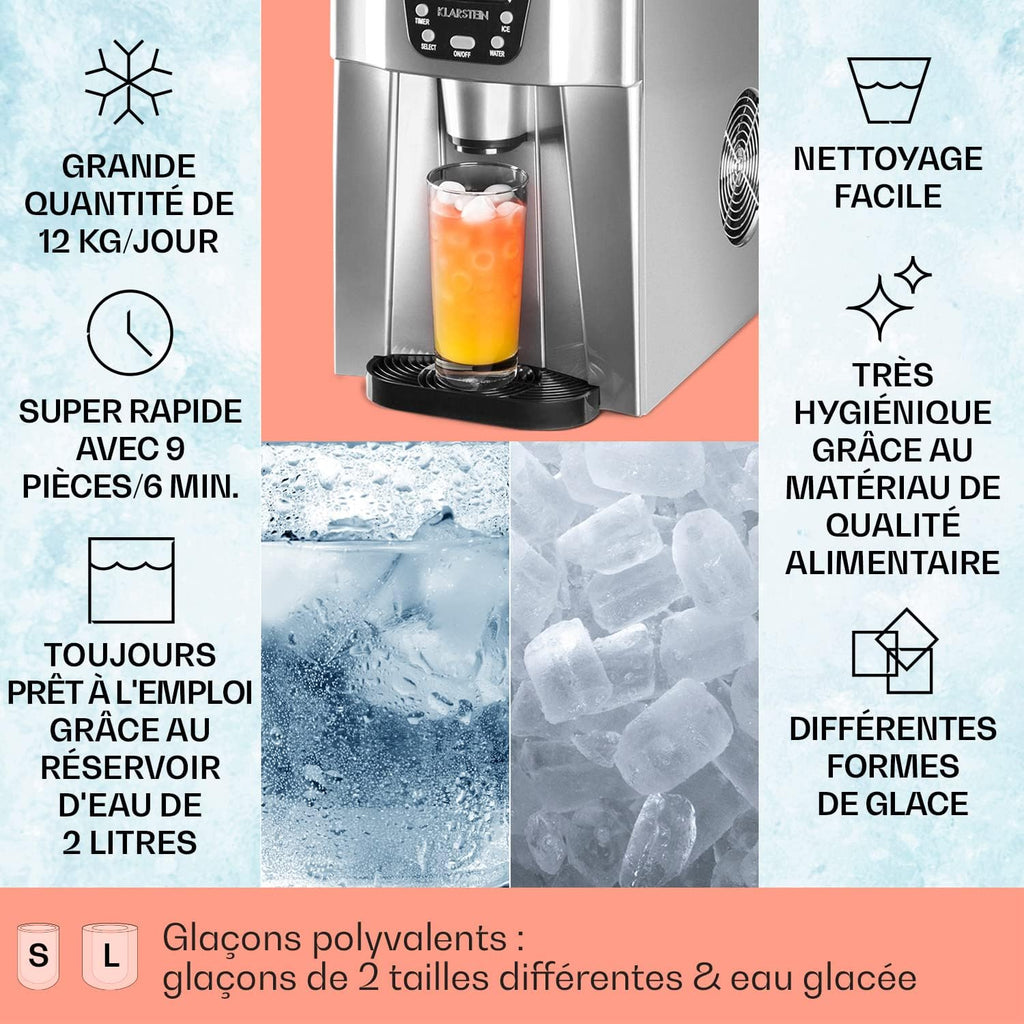 Klarstein Machine a Glacons pour la Maison, Capacité de 2L, Fabrique Rapidement Jusqu'à 12kg de Glacons, Alarmes de Sécurité, Machine à Glaçons de Comptoir, Ice Maker, Distributeur Eau Froide
