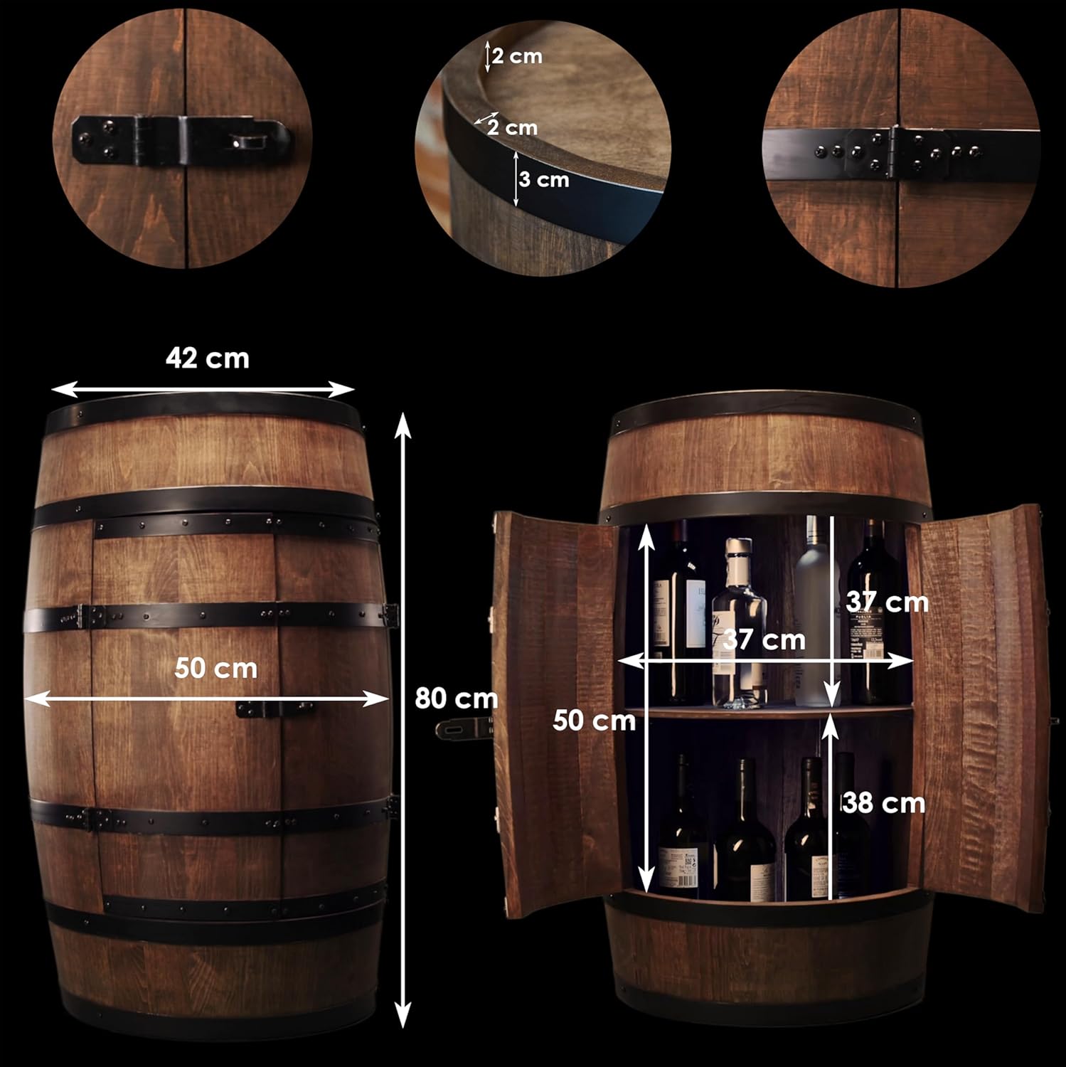 CREATIVE COOPER Tonneau à vin avec Porte - Armoire à Alcool - Étagère à Bouteilles en Bois - Baril en Bois - Vin Rack - Wineregal - Bar à vin - Baril avec Porte - minibar de 80 cm (wengé)