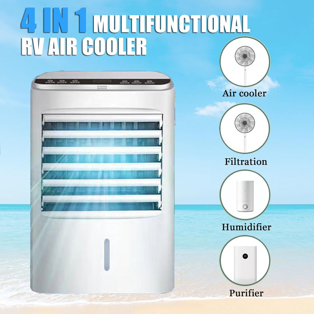 Tonuuoei Climatiseur pour Camping-Car, Refroidisseur d'air par éVaporation, Ventilateur Portable 4 en 1 avec TéLéCommande, Blocs RéFrigéRants, 3 Vitesses, Camions, Voitures Et Bus,24V