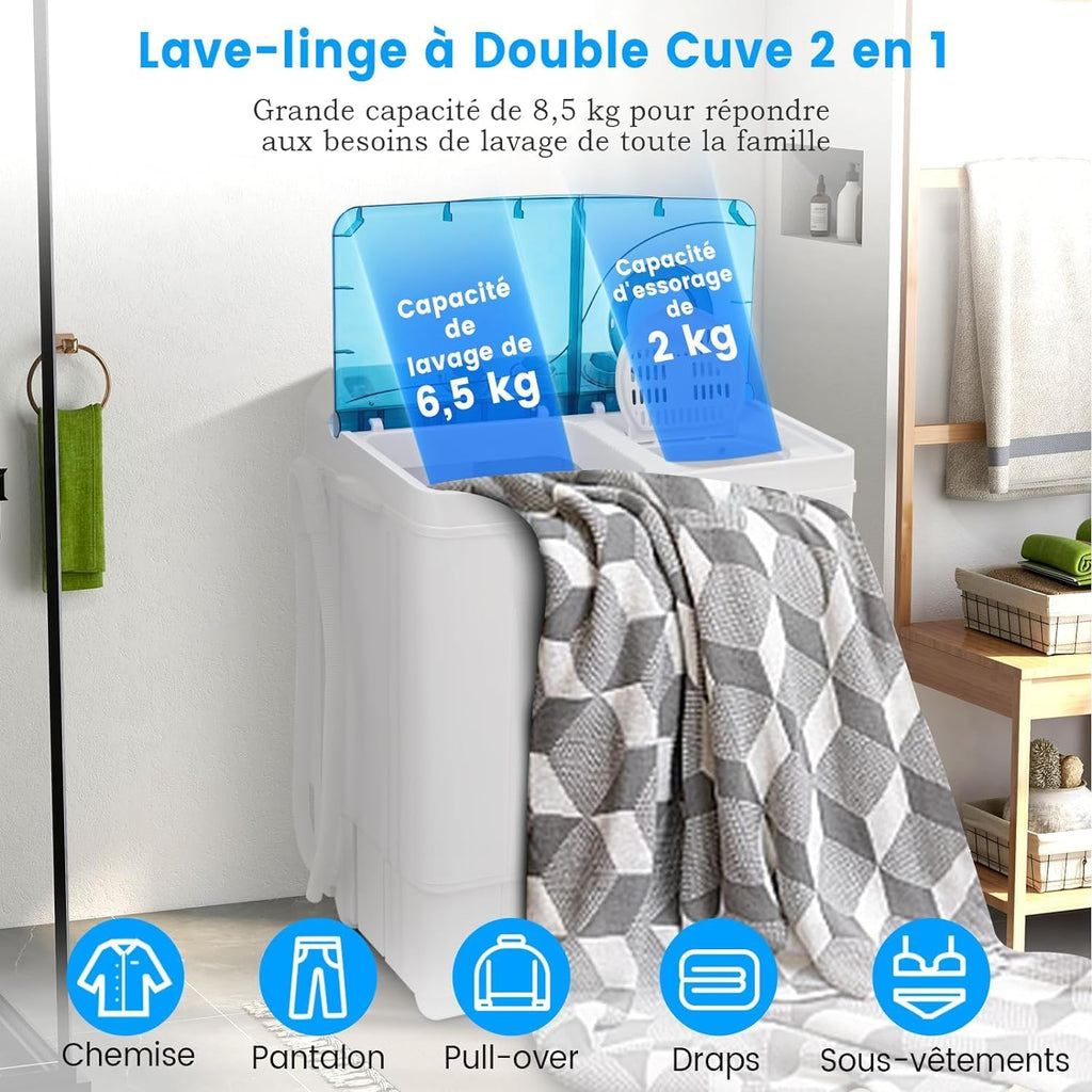 RELAX4LIFE Mini Machine à Laver à 2 Cuves Capacité 8,5 KG, Lave-Linge Semi-Automatique avec Minuteur & Essoreuse, Lave-Linge Portable Compact pour Appartement Dortoir Maison (Bleu | 8,5 KG)
