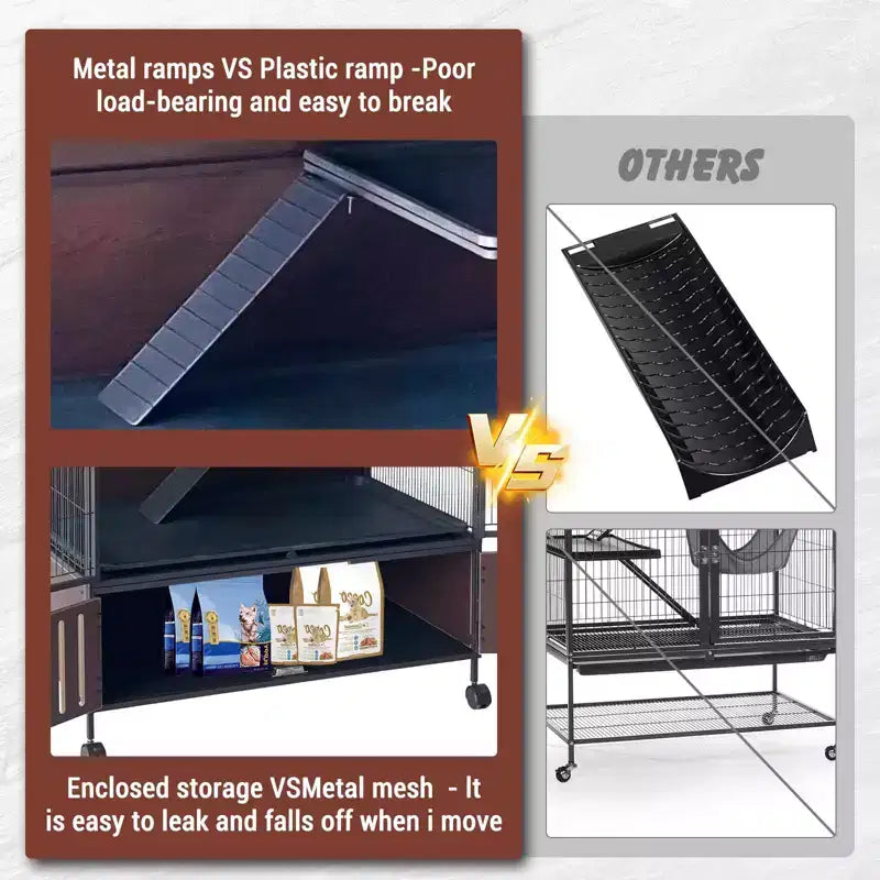 Small Animal Cage, Ferret Cage - 59'' 5-Tier Habitat with Storage Cabinet, Includes Hammock/Wheels/Removable Ramps/Easy-Clean Trays
