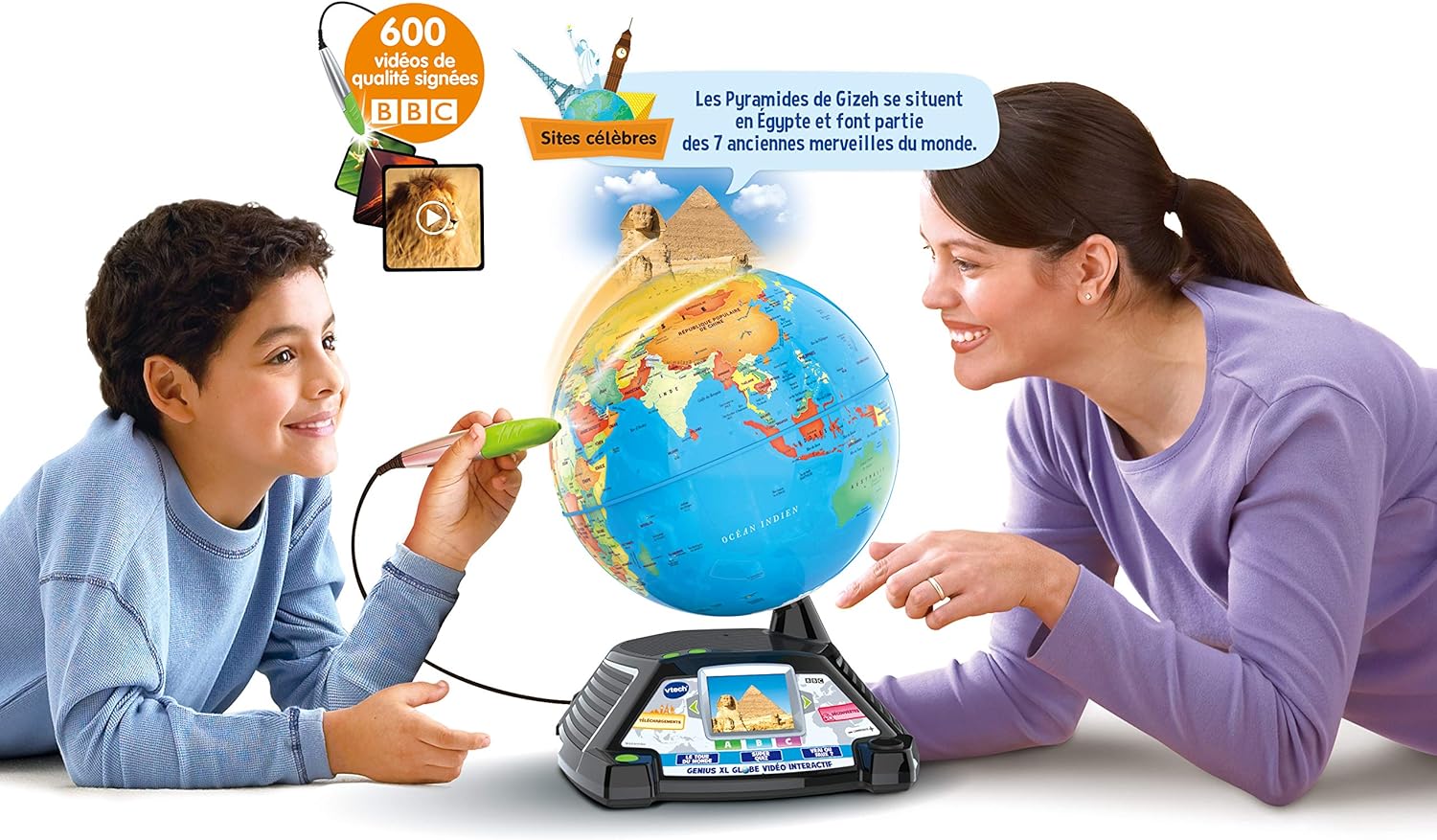 VTech - Genius XL Globe Vidéo Interactif, Globe Terrestre Enfant avec Écran Couleur, Stylet Tactile, 600 Vidéos de la BBC, Jouet Scientifique Éducatif, Cadeau Enfant Dès 7 Ans - Contenu en Français