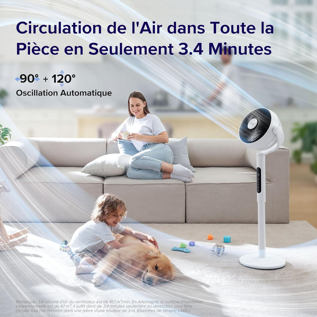 LEVOIT Ventilateur sur Pied 20 dB Silencieux, Puissant 2465 m³/h, Flux d'air 7.5 m/s, avec Télécommande, Oscillant 90°+120°,4 Modes 12 Vitesses, Minuterie 12h, Réglage Hauteur Circulation d'Air