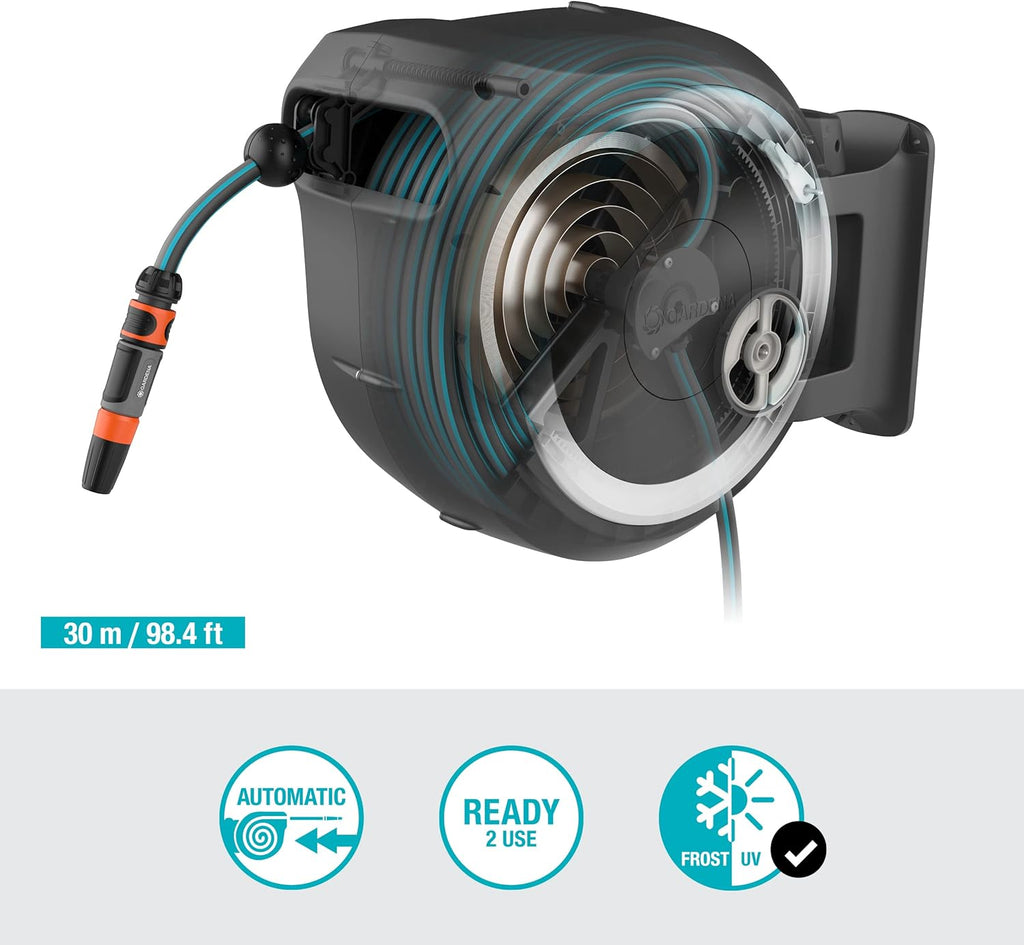 Gardena Enrouleur de Tuyau Mural Rollup L (Blanc) – Longueur 30m – Ø13mm– Garantie 5 Ans– Dévidoir pivotant à 180°– Kit Complet avec Lance, raccord, Tuyau et Support Mural Inclus (18627-20)