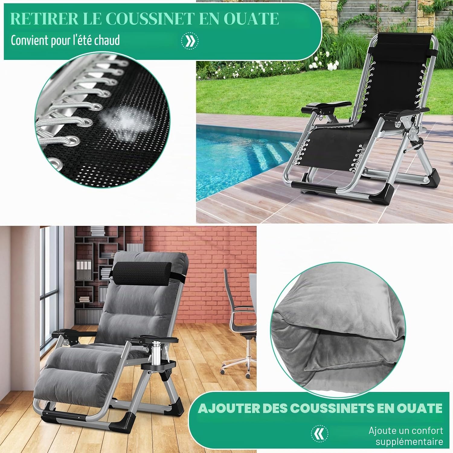 Chaise longue pliante, charge maximale de 200 kg, Zero Gravity Chair avec coussin, support pour gobelet, chaise longue de jardin réglable extra large pour terrasse, jardin, plage, piscine