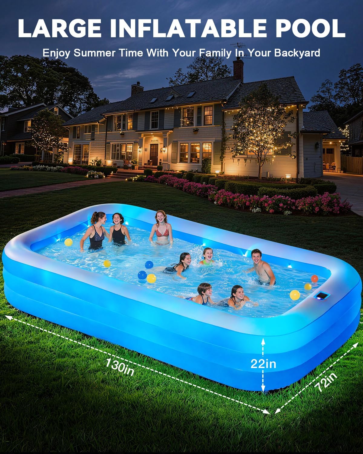 Grande piscine gonflable pour adultes, 330,2 x 182,9 x 55,9 cm, piscine gonflable épaisse avec lumières et pompe, 7 couleurs changeantes, durable, piscine familiale pour jardin, jardin extérieur