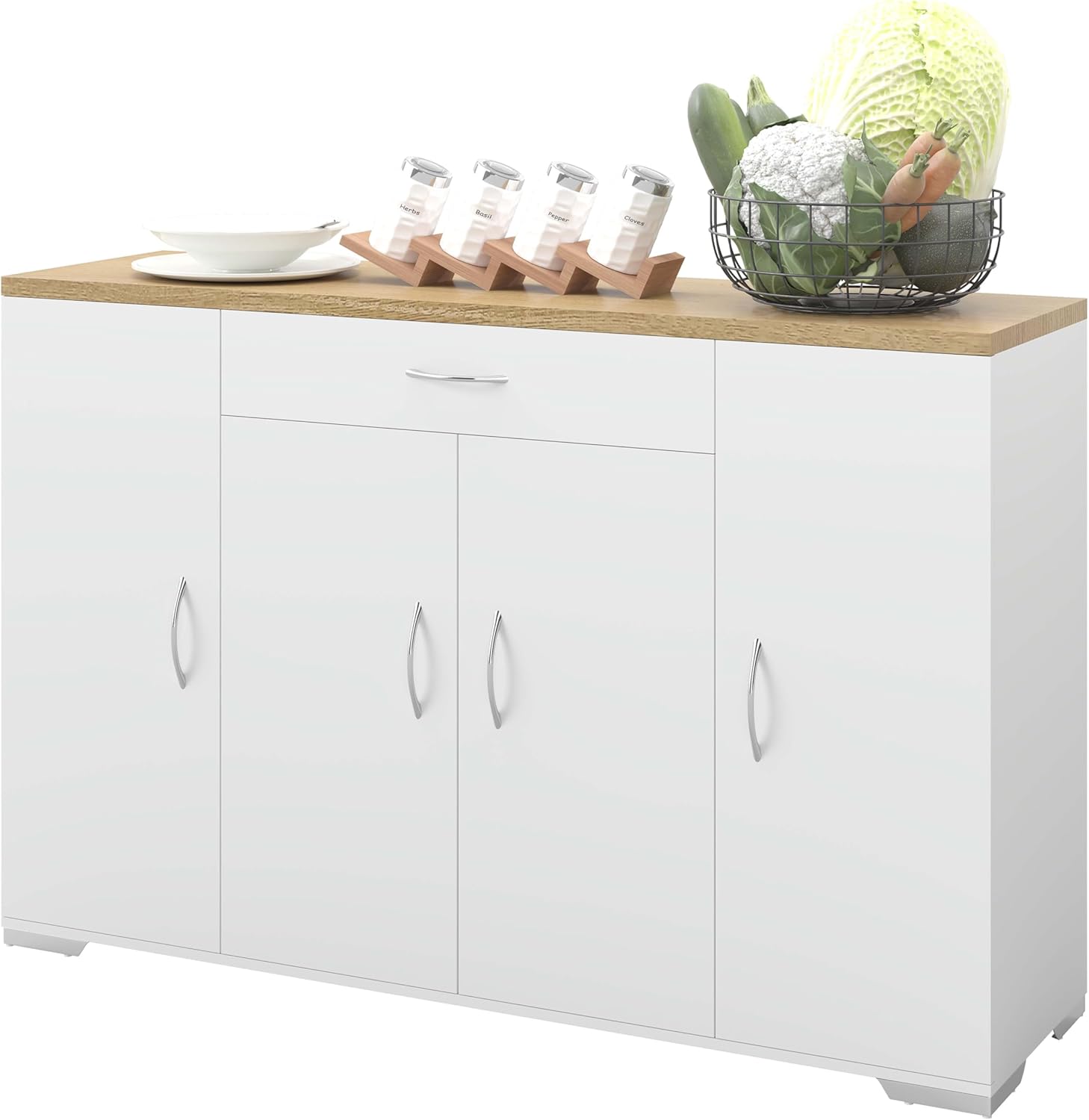 Meuble Cuisine Rangement avec Plan de Travail avec 4 Portes et 1 tiroir, Meuble de Rangement Cuisine Blanche Moderne