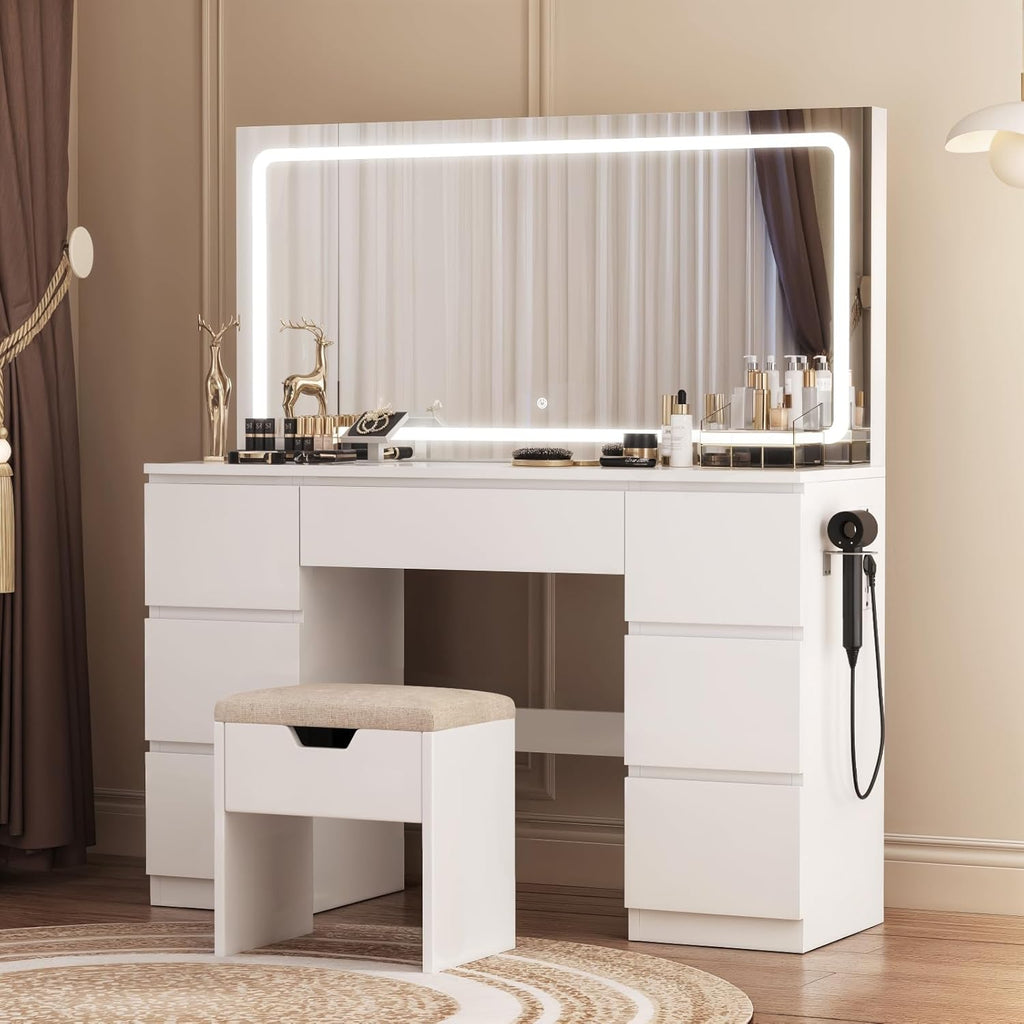 TRIUMPHKEY Coiffeuse avec Miroir et Tabouret Table de Maquillage avec Miroir LED Grand Format à Luminosité Réglable, 7 Tiroirs et Prise de Courant, Meuble de Maison, Blanc