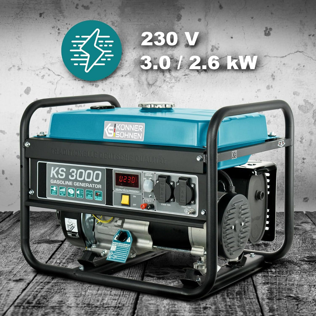 Groupe électrogène à essence 3000 puissance max 3000 W, prises Schuko 2x16A (230 V), EURO-V, régulateur de tension automatique (AVR),moteur électrique enroulement 100% cuivre,generateur de courant