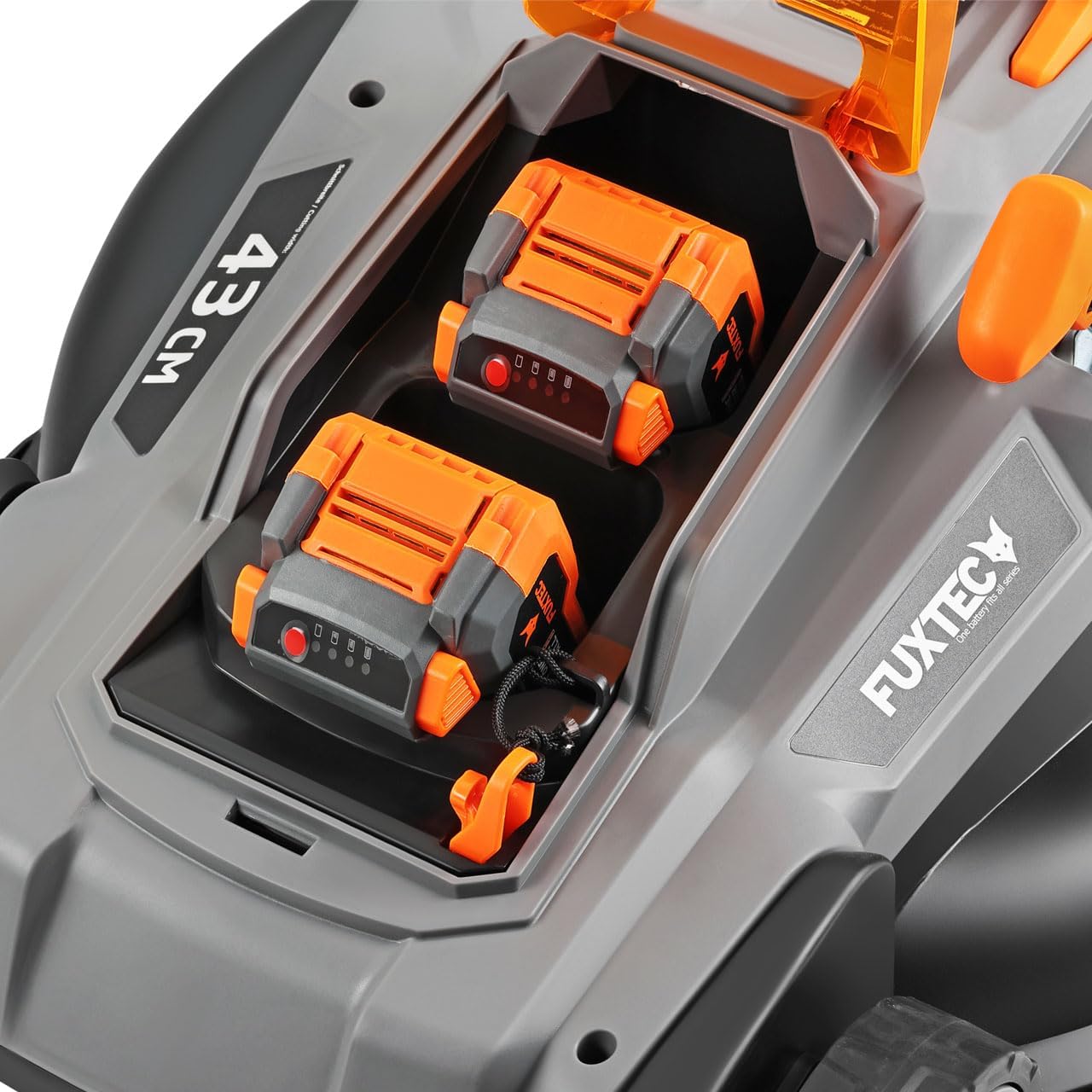 FUXTEC Tondeuse à Gazon sans Fil 40V (2x20V) E2RM43 Set Batteries et Chargeur - Largeur De Coupe 43cm, 40L, Hauteur De Coupe Variable, Tondeuse à Gazon Batterie, sans Fil