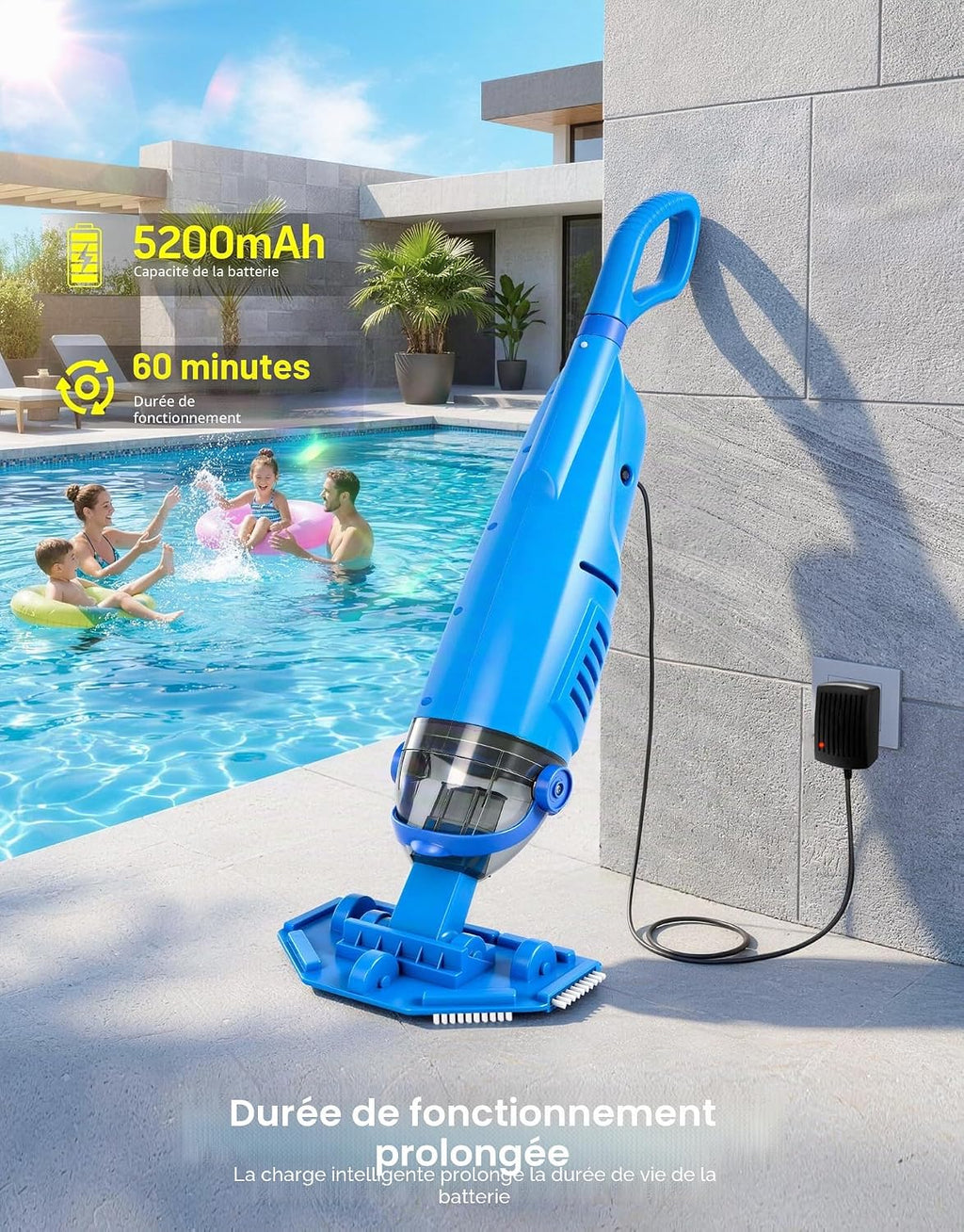 LanBlu Aspirateur Piscine Sans Fil, 2.5m Aspirateurs Piscines Batterie avec Tige Télescopique,4200L/H Manuel Aspirateur Piscine Hors Sol avec 4 Filtre,Conception Anti-retour Balai Aspirateurs Piscines
