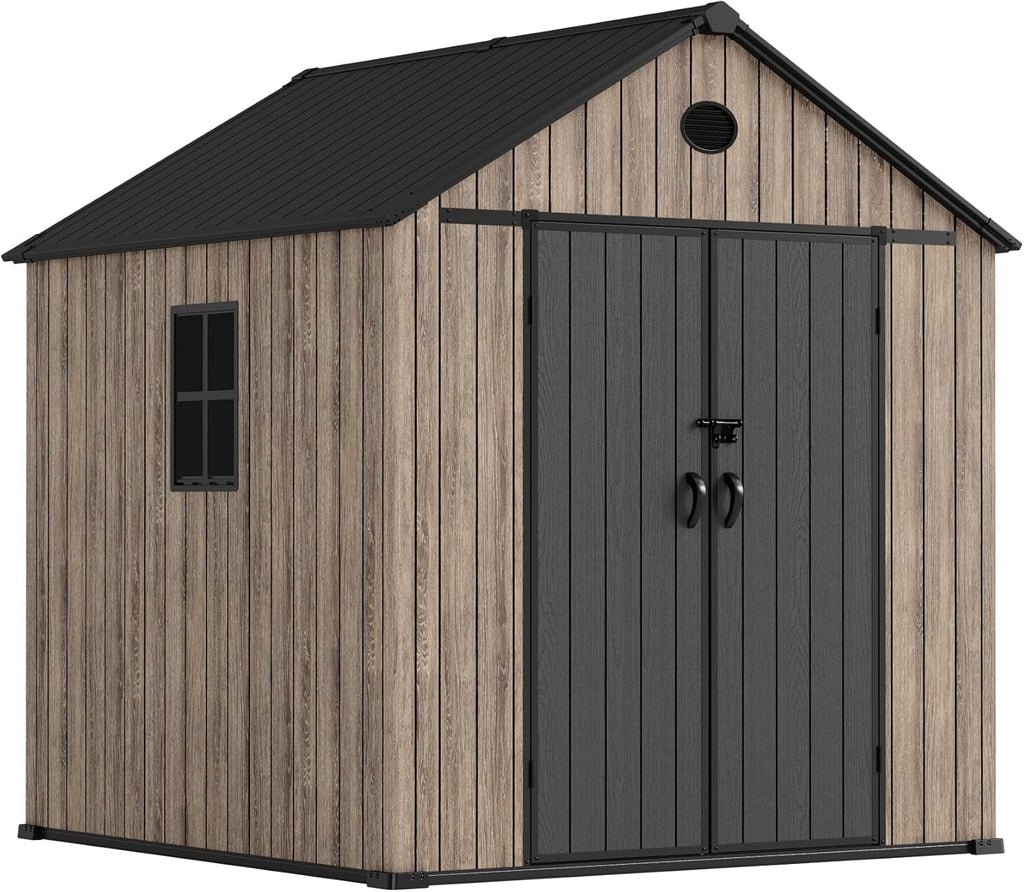 Hoggar Abri de jardin en résine 5,02 m² Oak O50 - Sol inclus - Fenêtre latérale - Aspect bois premium - Double porte large - Protection UV et imperméable - Fermeture par goupille - aérations