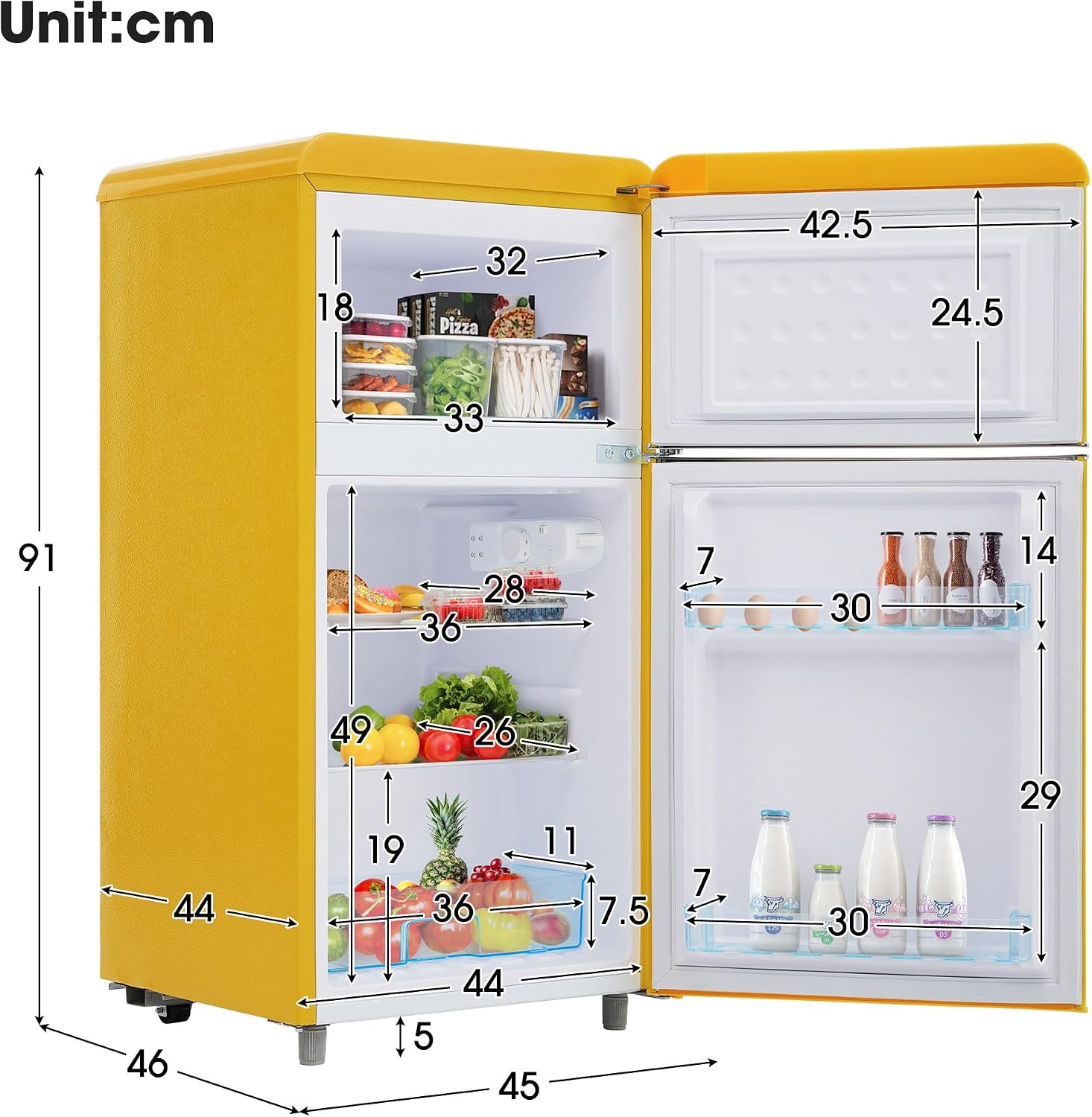 Réfrigérateur-congélateur Style rétro, Deux Portes, capacité Totale de 72 litres, Compartiment congélateur de 21 litres, consommation énergétique de 120 kWh/an, éclairage LED Yellow