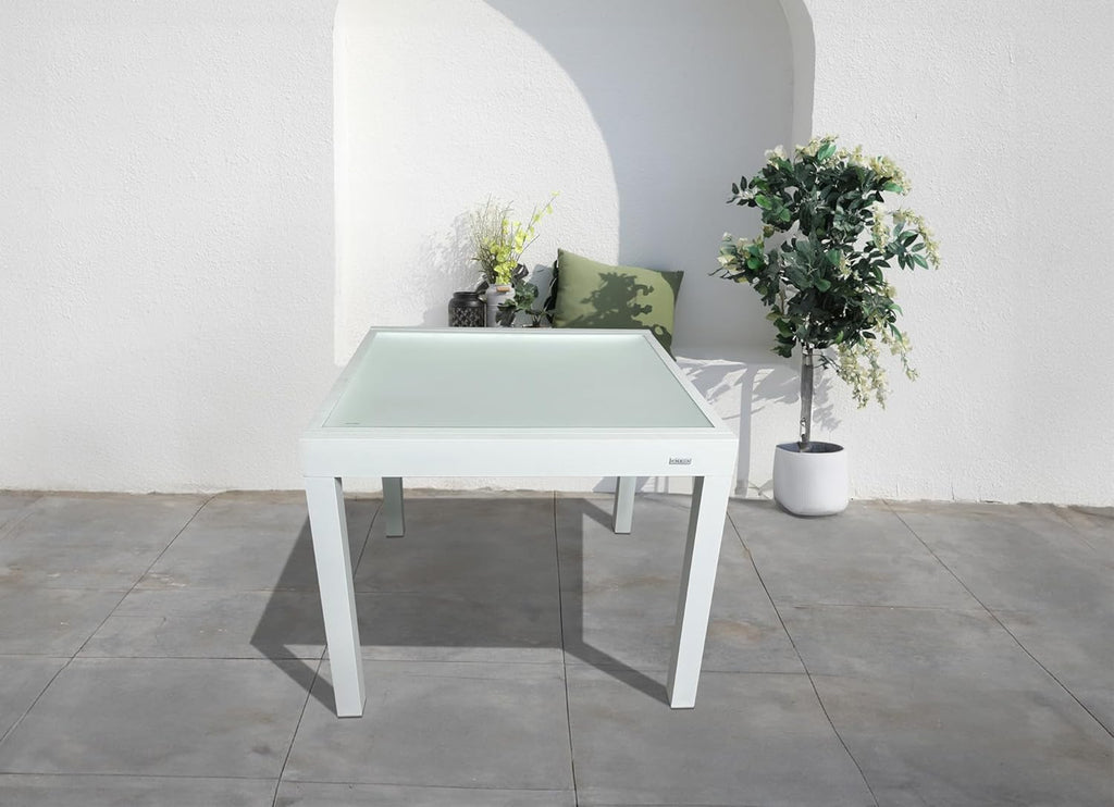 MOMMA HOME Table extensible de jardin en aluminium et verre trempé - Table carrée extensible d'extérieur - Dimensions 90/150 x 90 x 74 cm (blanc)