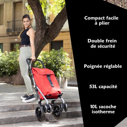 Carlett Chariot de Courses 4 Roues Pliable, Sac Amovible Grande Capacité 53L / 15kg et Sac Isotherme 10L, Poignée Réglable, Frein de Sécurité, Convertible en 2 Roues, Classic Duo, Blanc