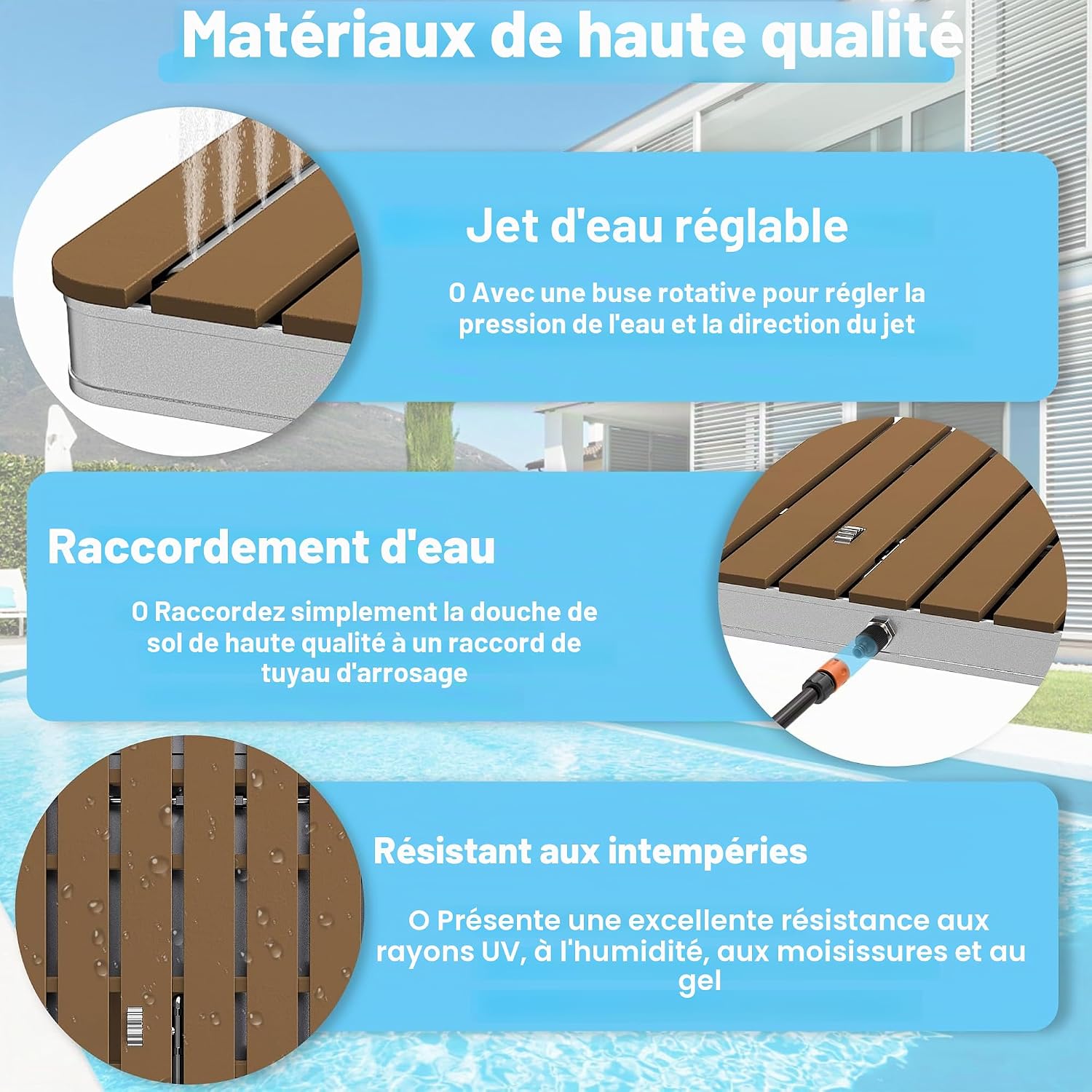 UISEBRT Douche de jardin en WPC et aluminium - Douche au sol mobile Douche solaire Douche de camping - Hauteur de jet réglable jusqu'à 4m - pour piscine Jardin Terrasse (Rectangulaire - Brun)
