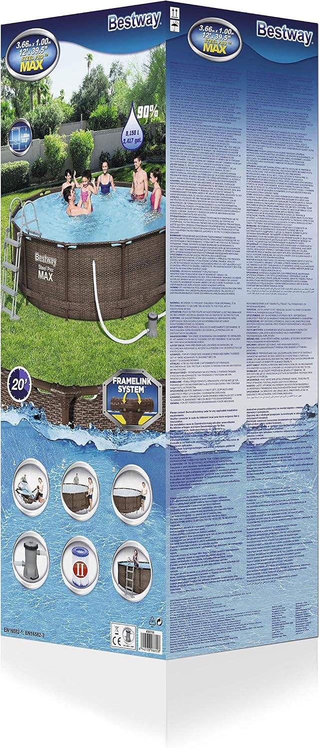 Bestway 56709 Piscine Hors Sol Power Steel™ Effet Rotin Diamètre 366 X 100 cm, Filtre à Cartouche, Échelle